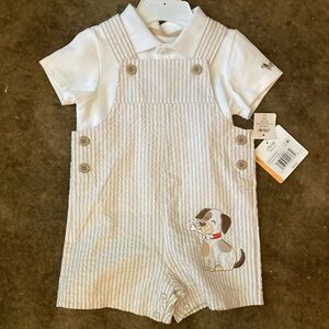 New with tags Little Me White and Tan boys shortall set, size 12 Months